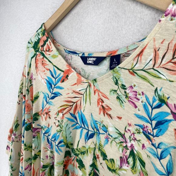 LANDS END Top Womens L 14-16 Floral Beach Blouse 3/4 Sleeve Linen Blend Cream - Picture 5 of 11